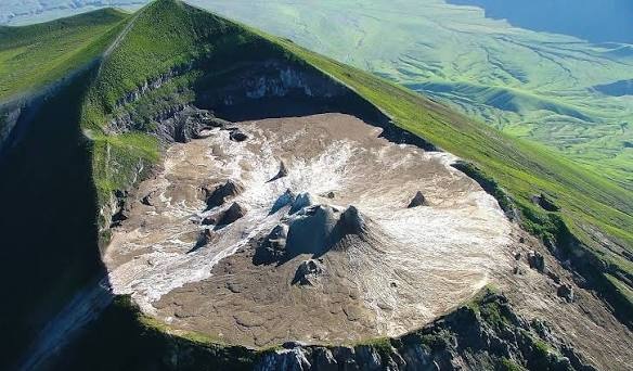 Aerial view into the volcanic crater of Ol Doinyo Lengai